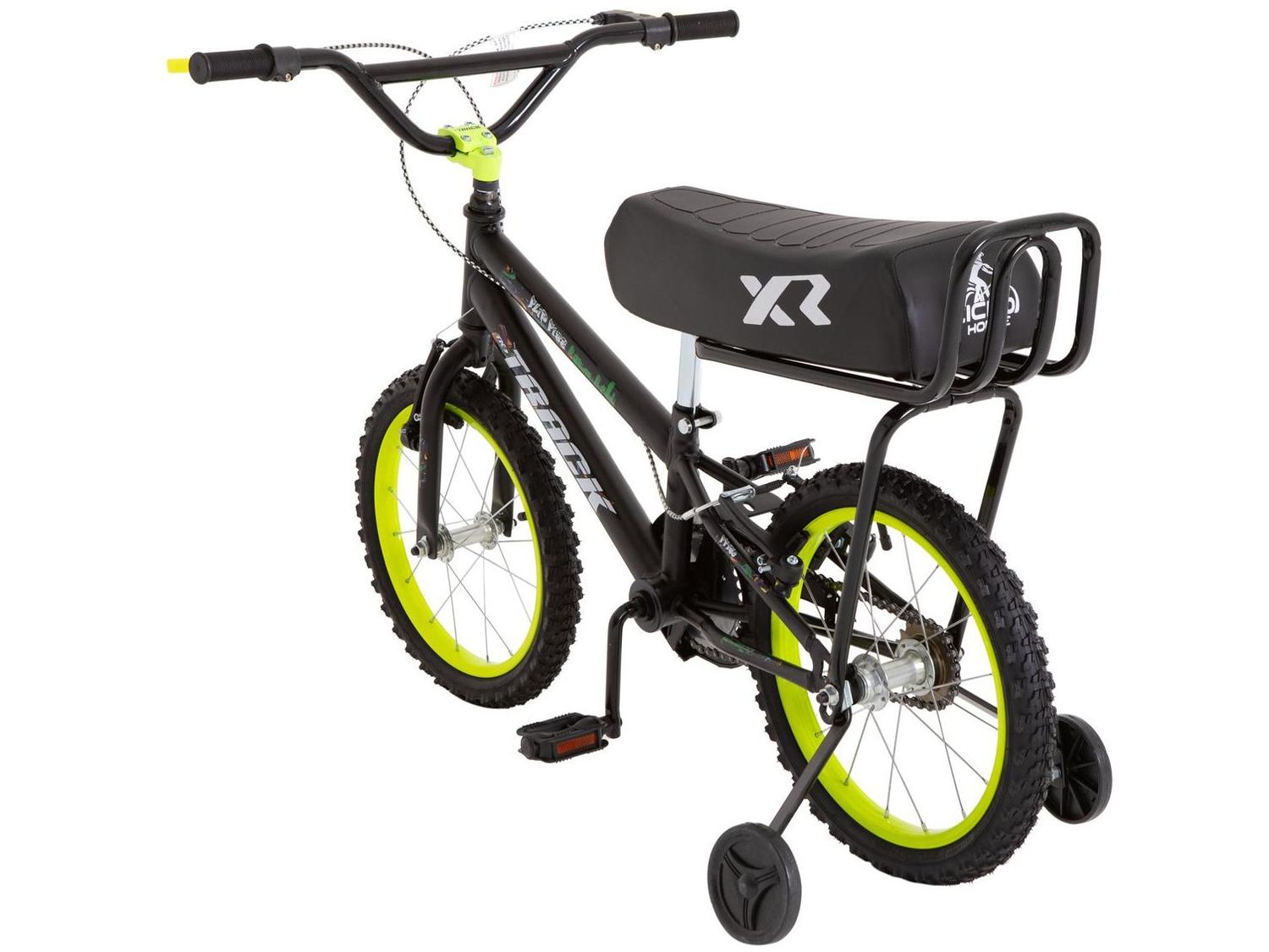 Bicicleta Infantil Aro 16" TK3 Track Flip Fire Preta e Amarela com Banco de Mobilete e Rodinhas Freio V-Brake
