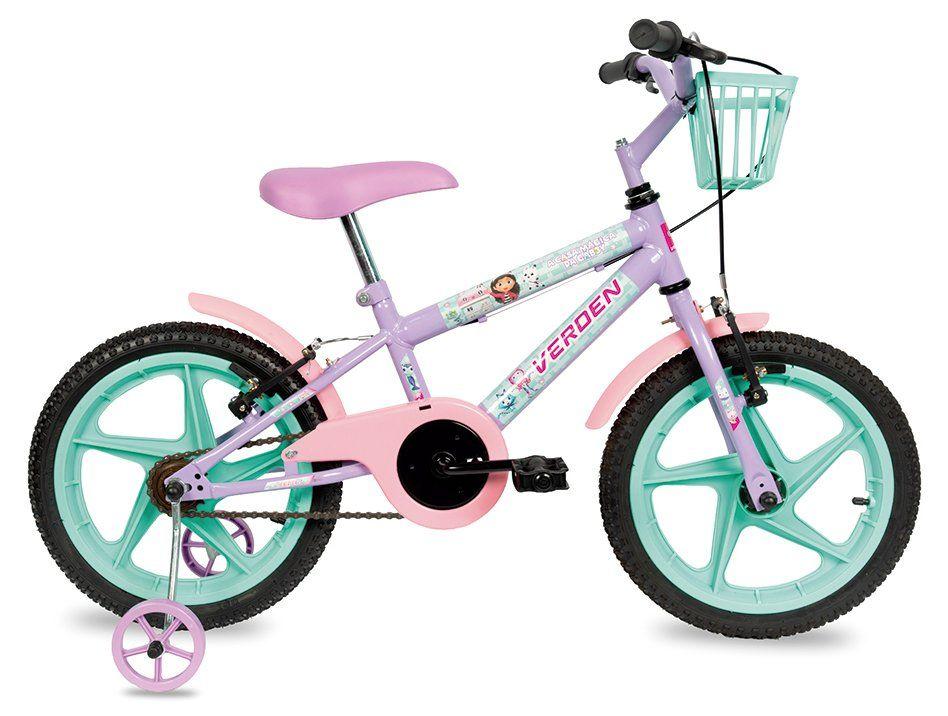 Bicicleta Infantil Aro 16 Verden 10511 A Casa Mágica da Gabby Lilás e Verde com Rodinhas Freio V-Brake