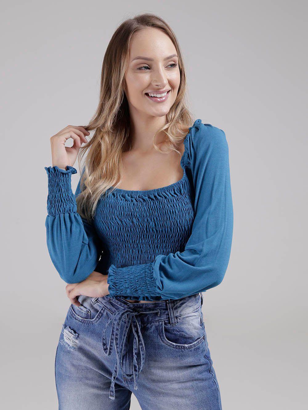 blusa azul manga longa