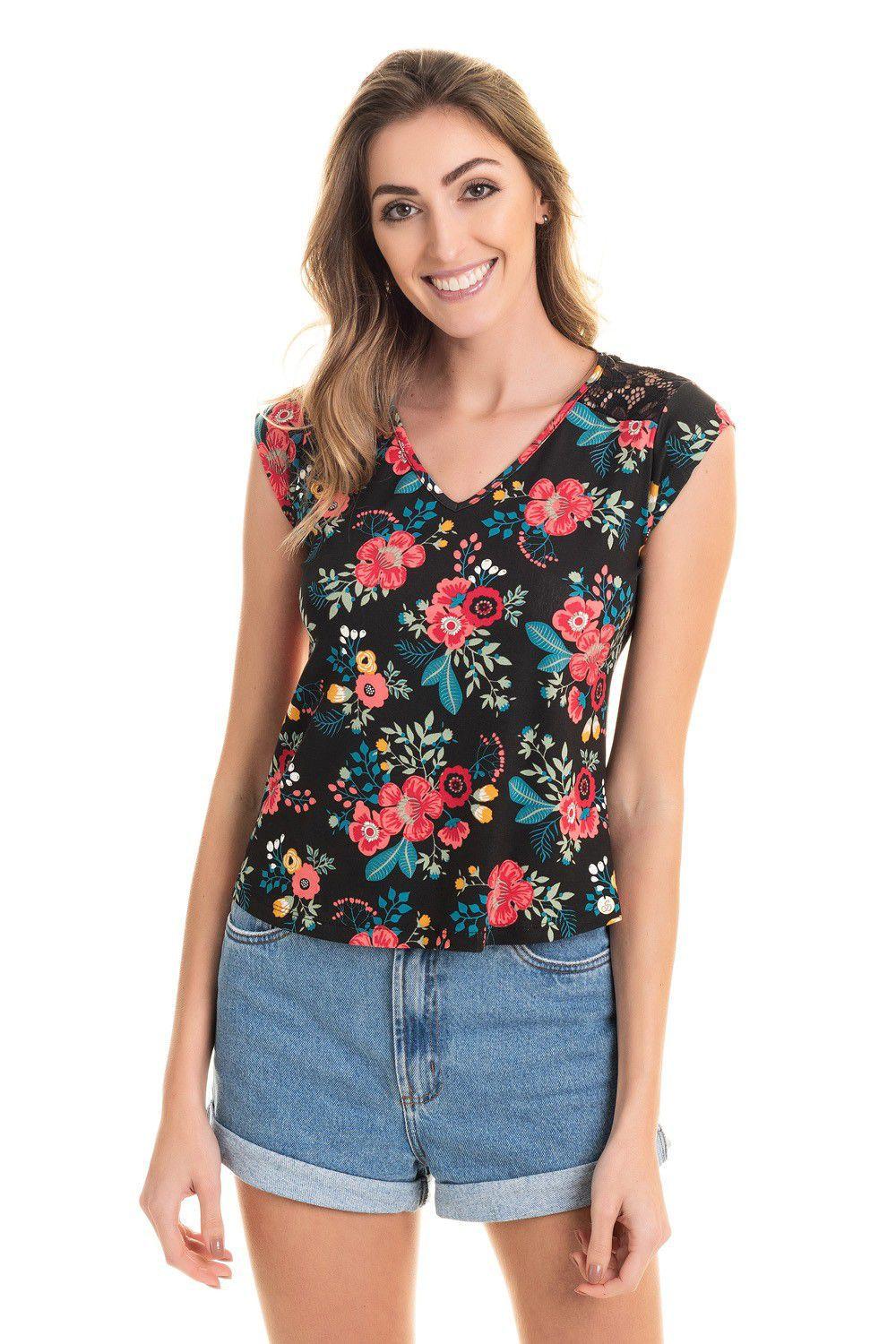 blusa de viscose estampada com renda