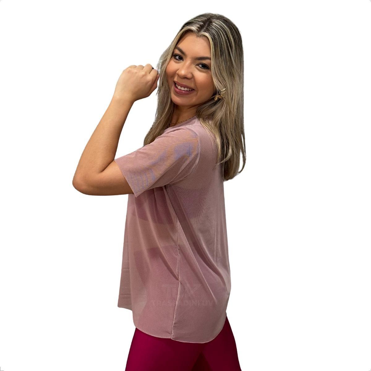Blusa Feminina de Tule Transparente Academia Fitness Manga Curta