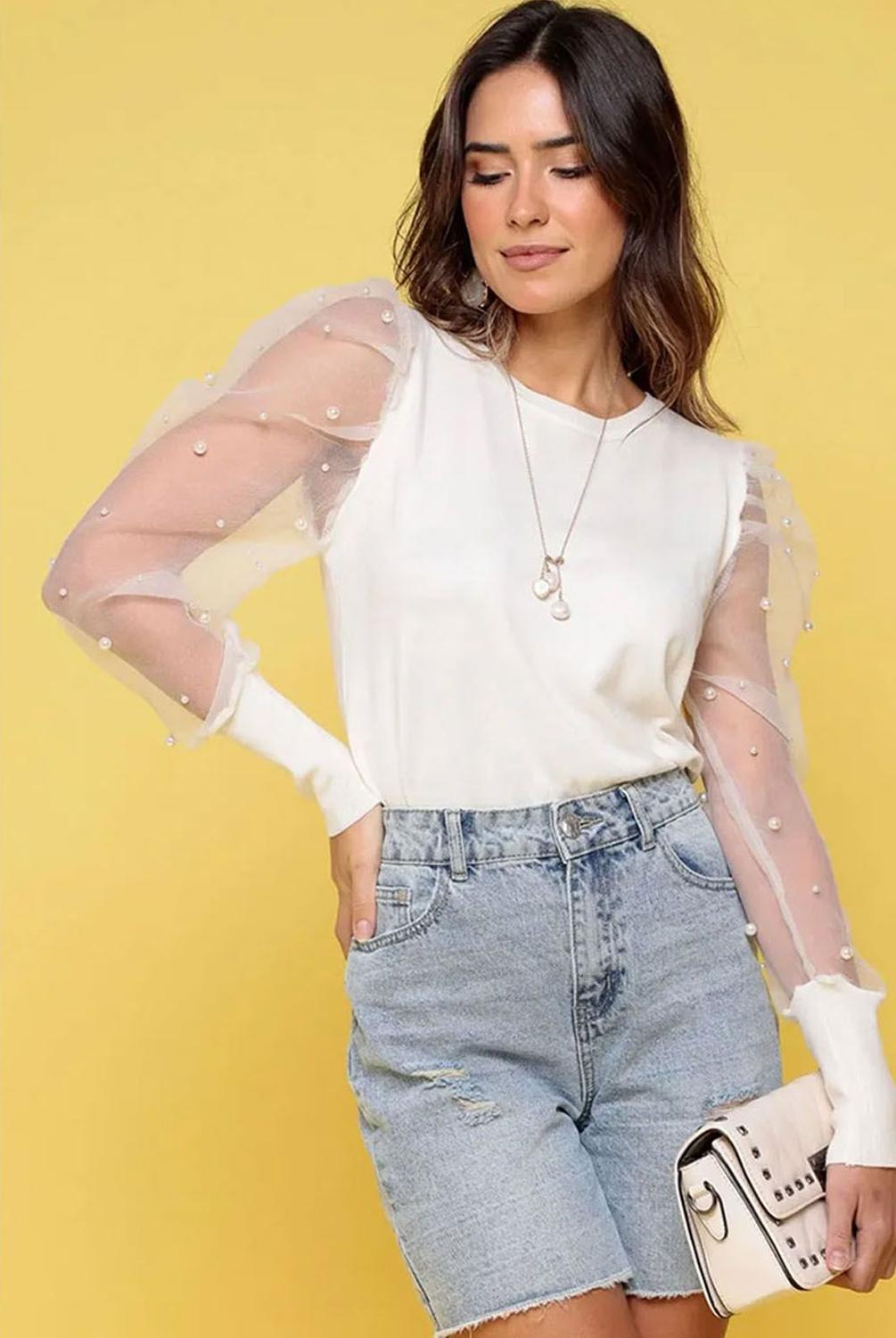 blusa com tule bordado