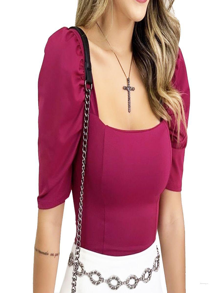body manga longa princesa bufante feminino decote quadrado