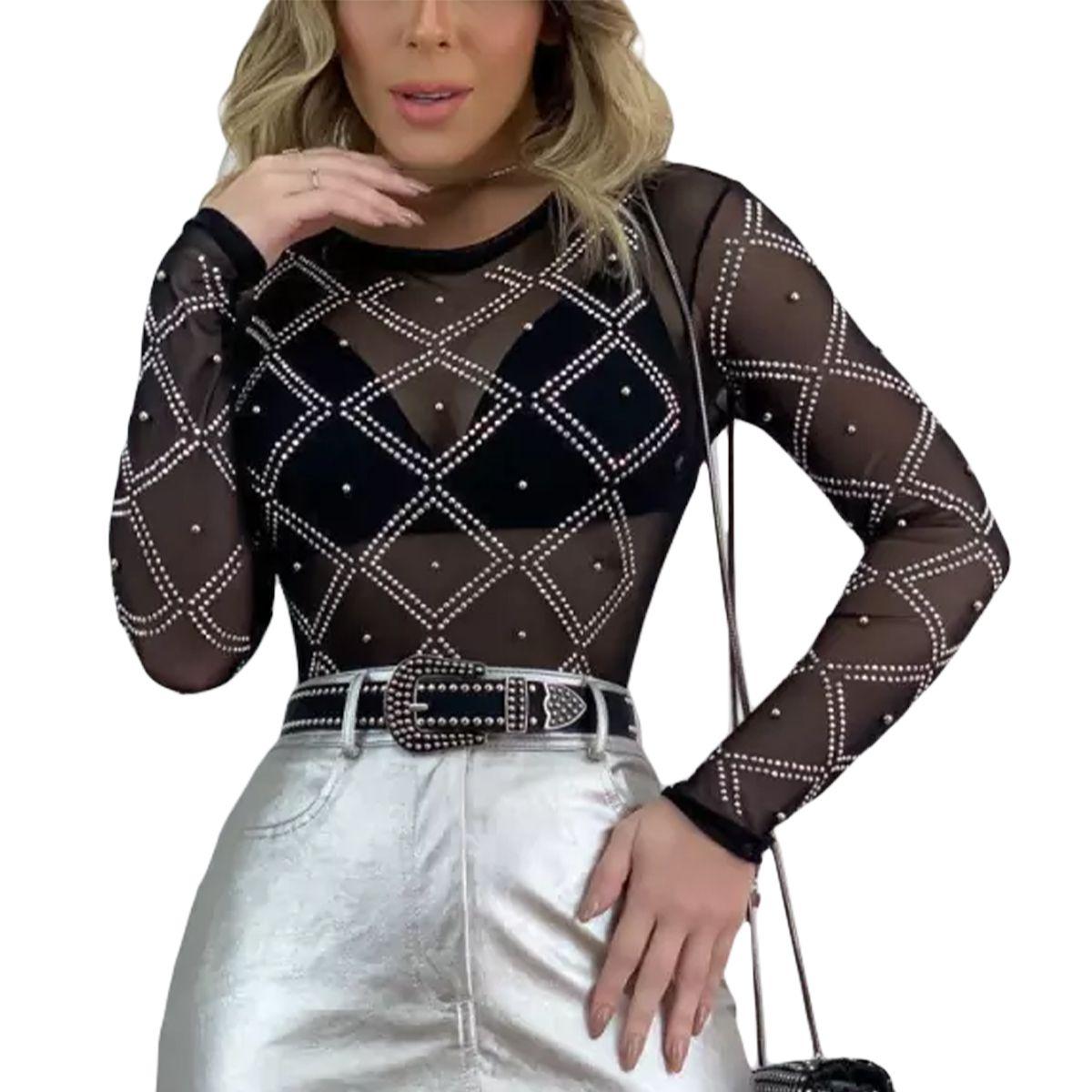 Body Tule Transparente Manga Longa Perolas Strass Brilho Swiss