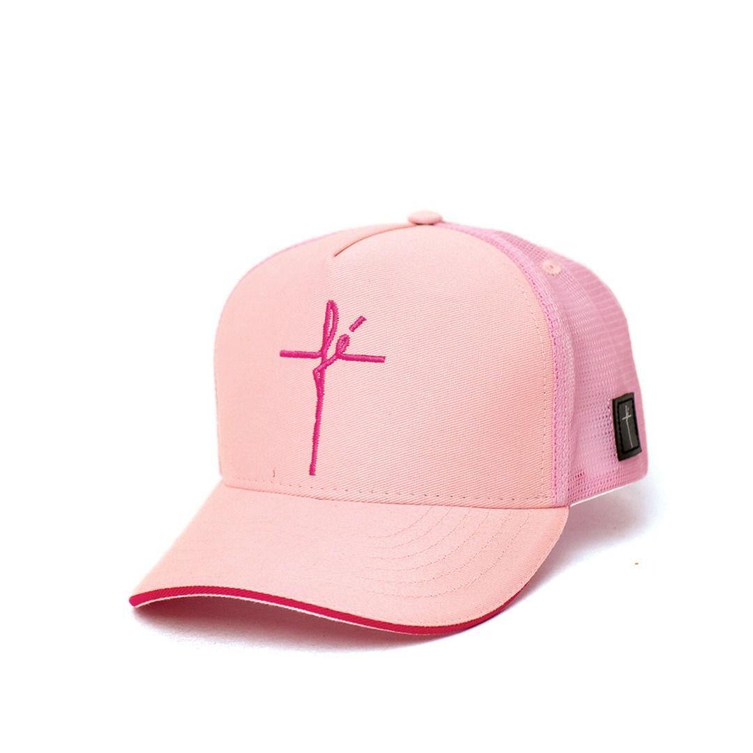 Boné Fé Bordado Trucker Rosa Bebê com Preto no Shoptime