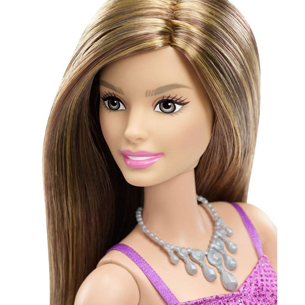 Boneca Barbie - Básica Glitz - Barbie Morena - Vestido Roxo - Mattel