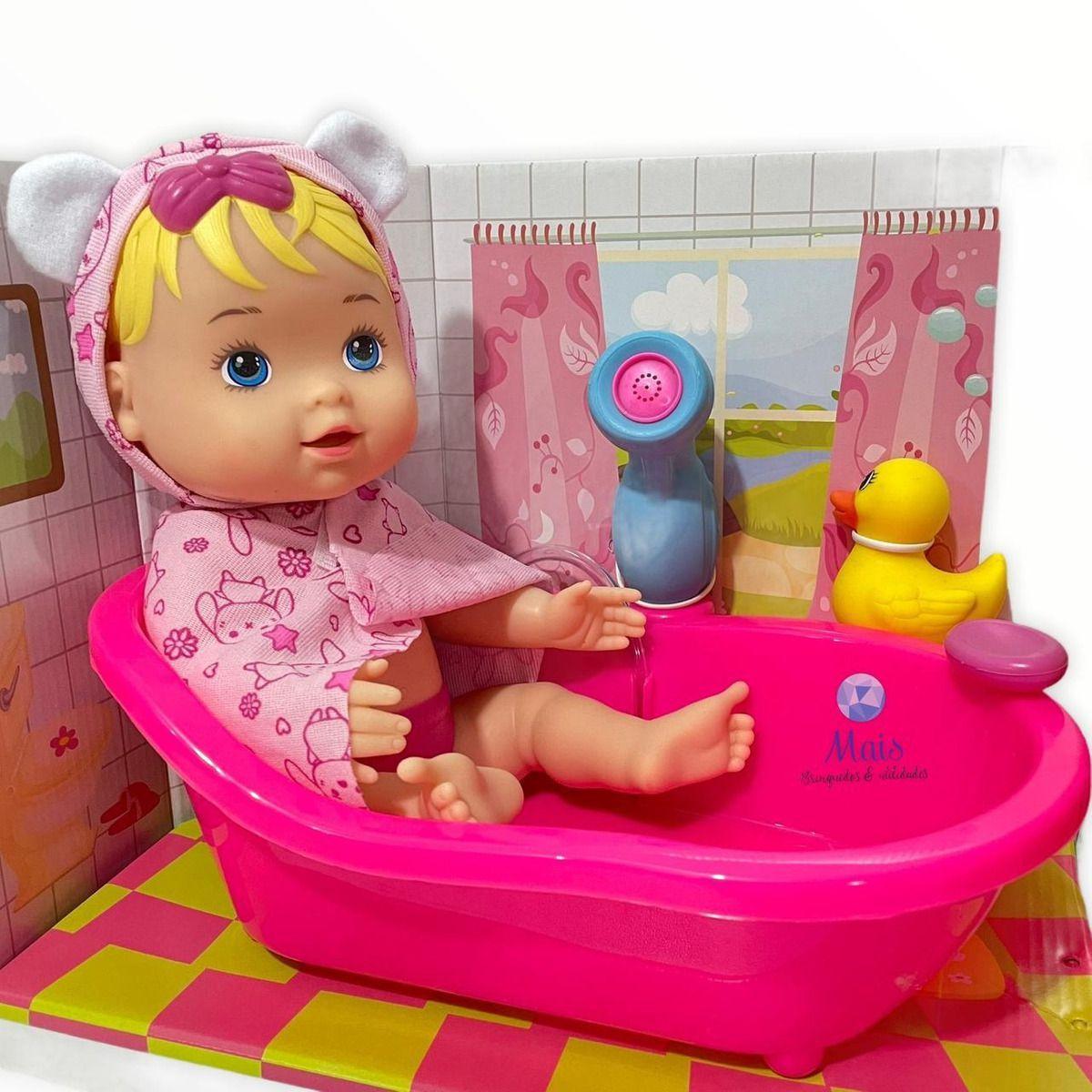 Boneca Bebe Banho Banheira Brinquedo Meninas Ducha C/ Água - Divertoys ...