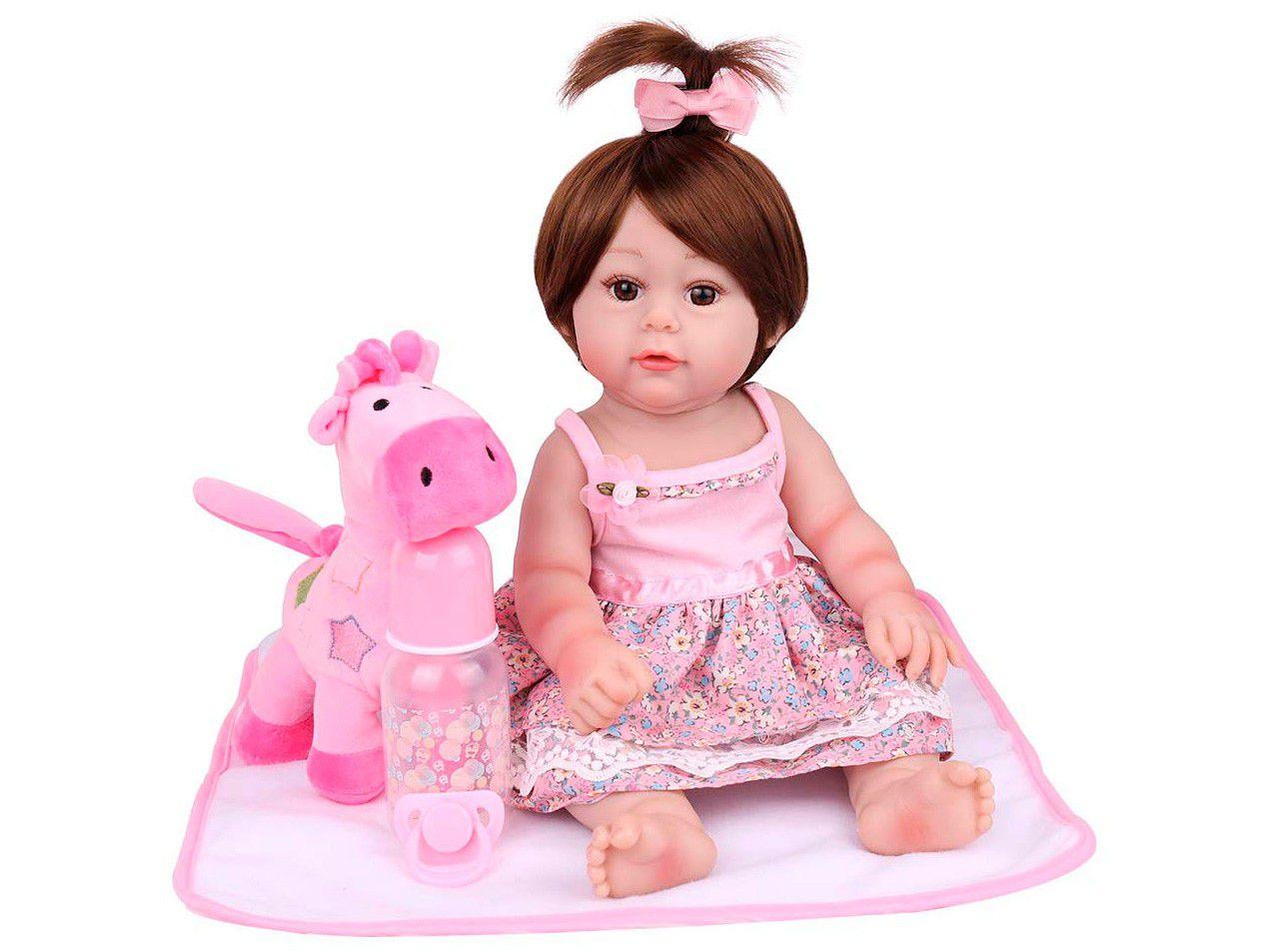 Boneca Reborn Laura Baby Mini Pink Flower com Acessórios - Rosa