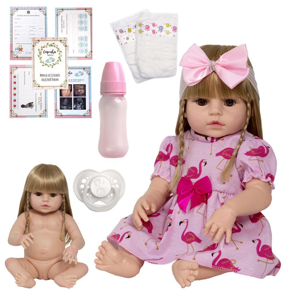 Boneca Bebê Reborn Realista 52cm Loira Silicone Vários Itens - USA Magazine