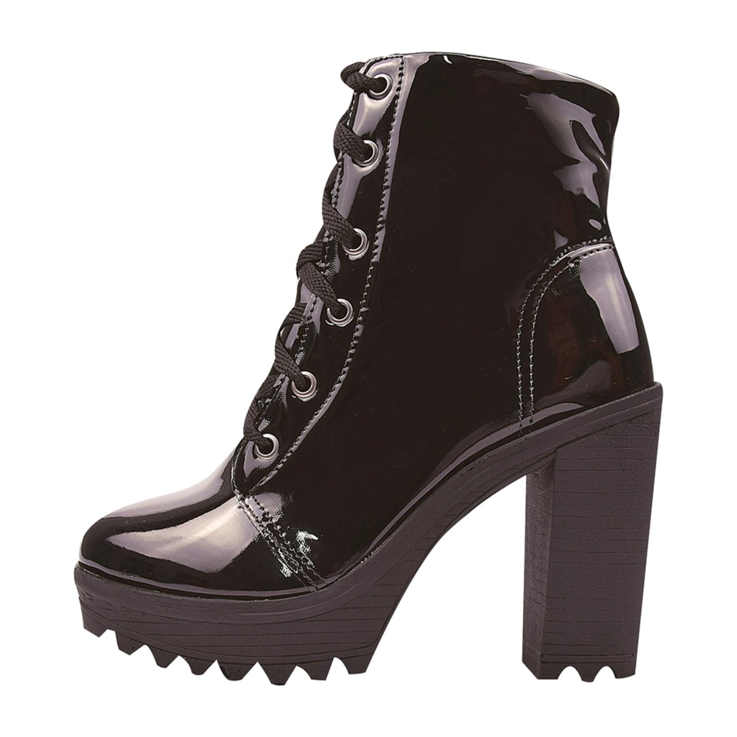 bota coturno salto alto verniz