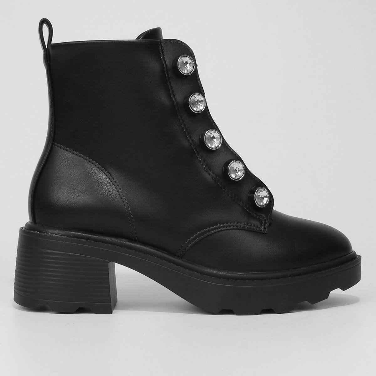 Cano Médio Bota Coturno Vizzano Lisa Preta Bota Vizzano Tratorada