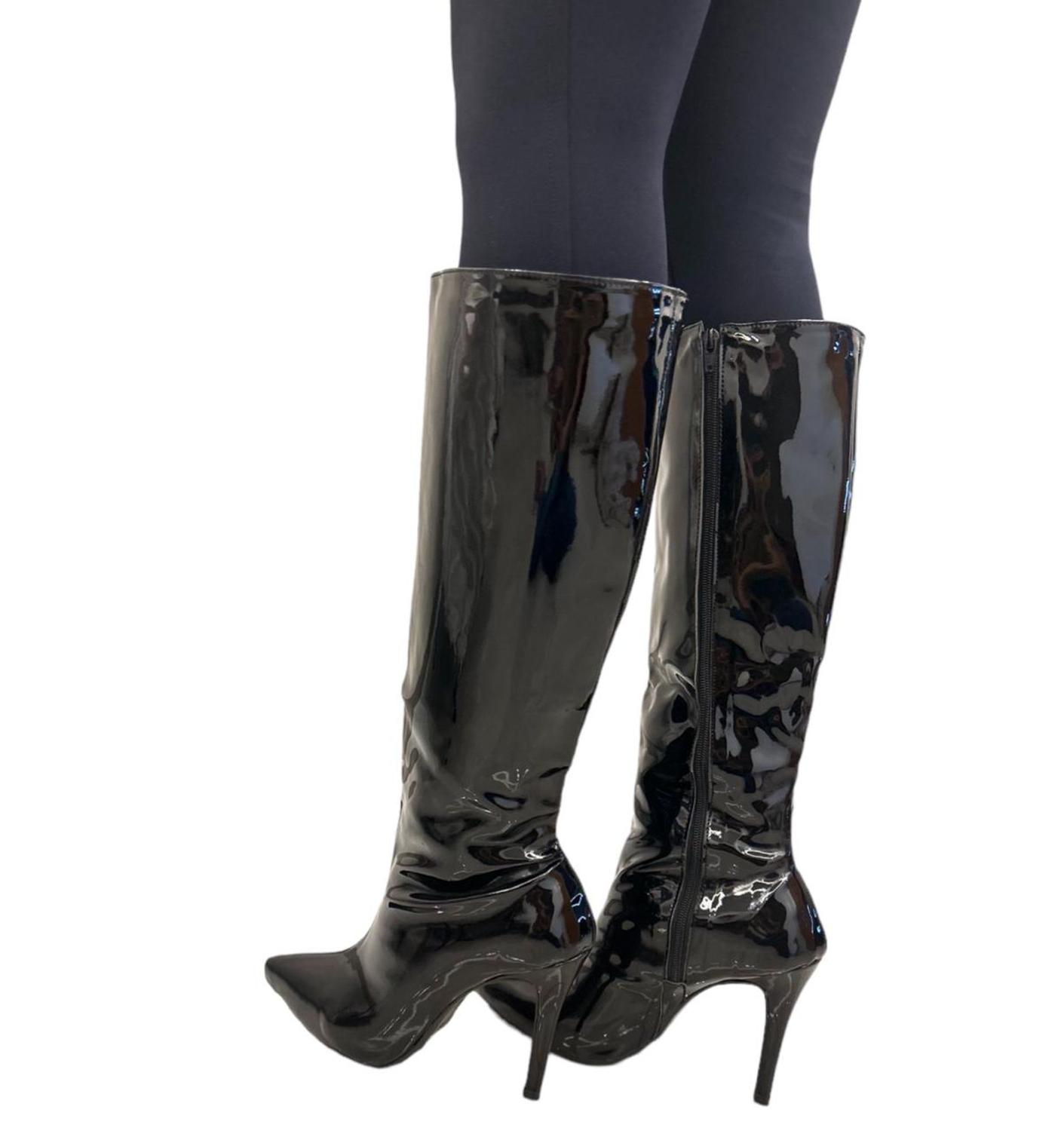 Bota Over Bota Preta De Verniz Bota Feminina Cano Alto Salto Fino