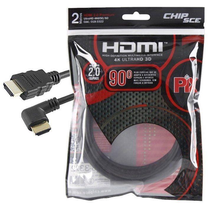 Cabo HDMI 2,0m 2.0 4K 90° Graus 19 Pinos, PIX 018-3322 