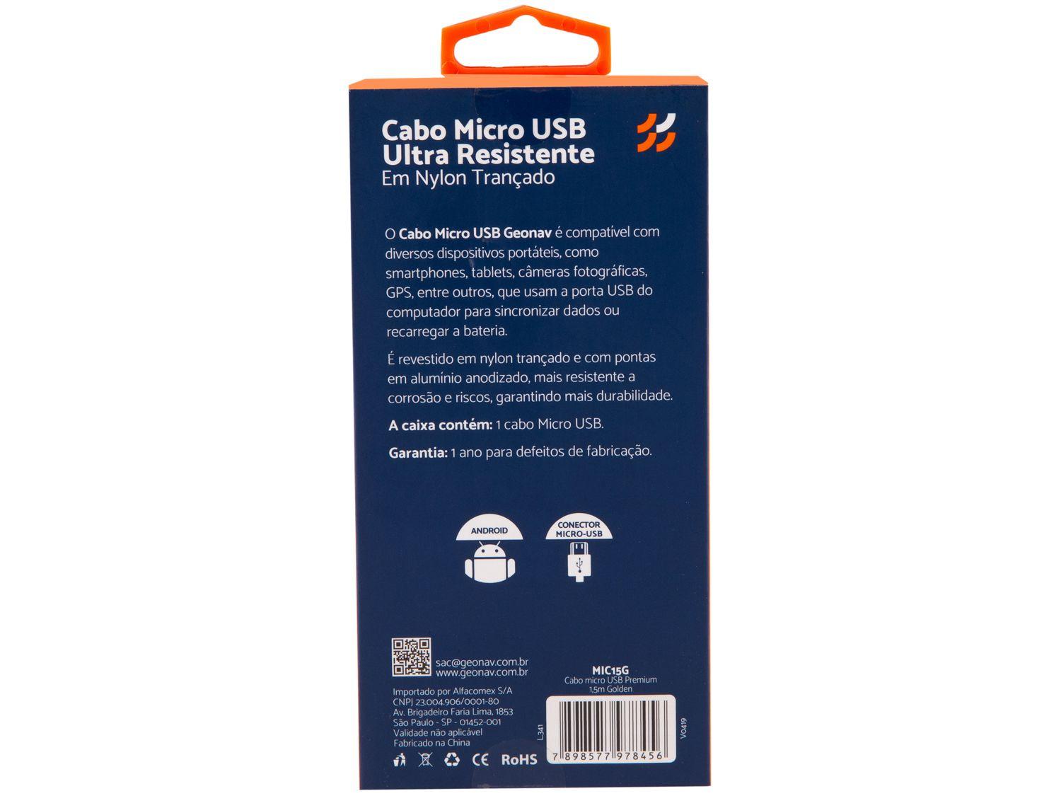 Cabo Micro USB Universal 1,5m Ultraresistente Geonav MIC15G