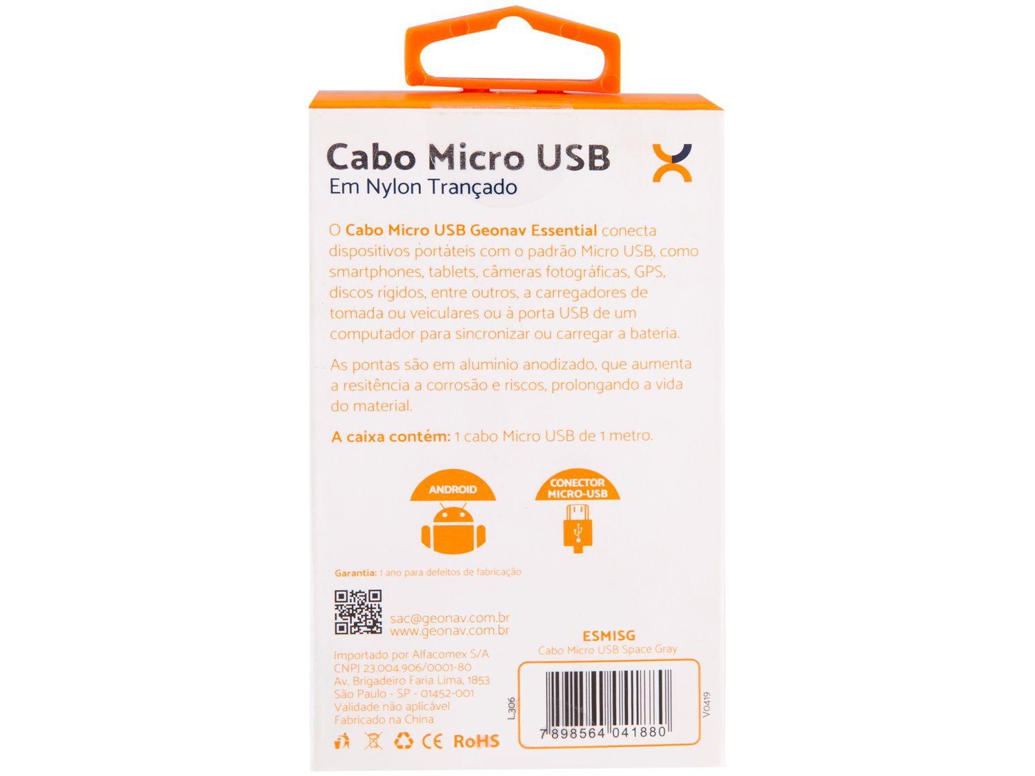 Cabo Micro USB Universal 1m Geonav Essential Espacial