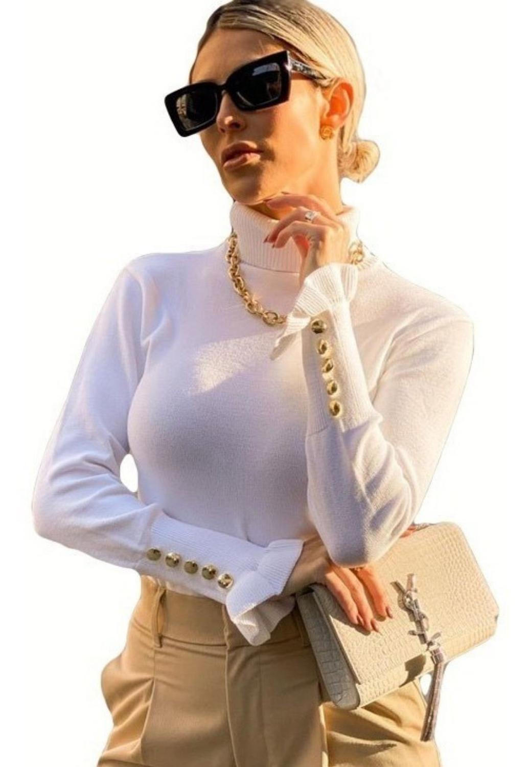 cacharrel blusa tricot lã feminina canelada gola alta