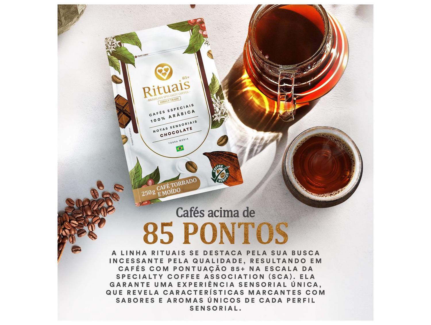 Café Moído Especial 3 Corações Rituais 85+ Chocolate 100% Arábica Pacote 250g