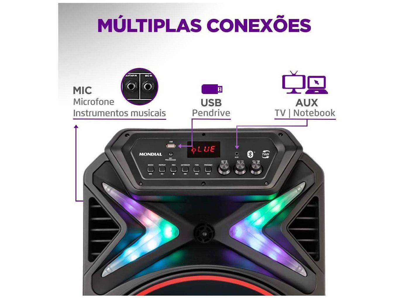 Caixa de Som Mondial Connect Lights Plus CM-700 Bluetooth Amplificada Portátil 700W USB