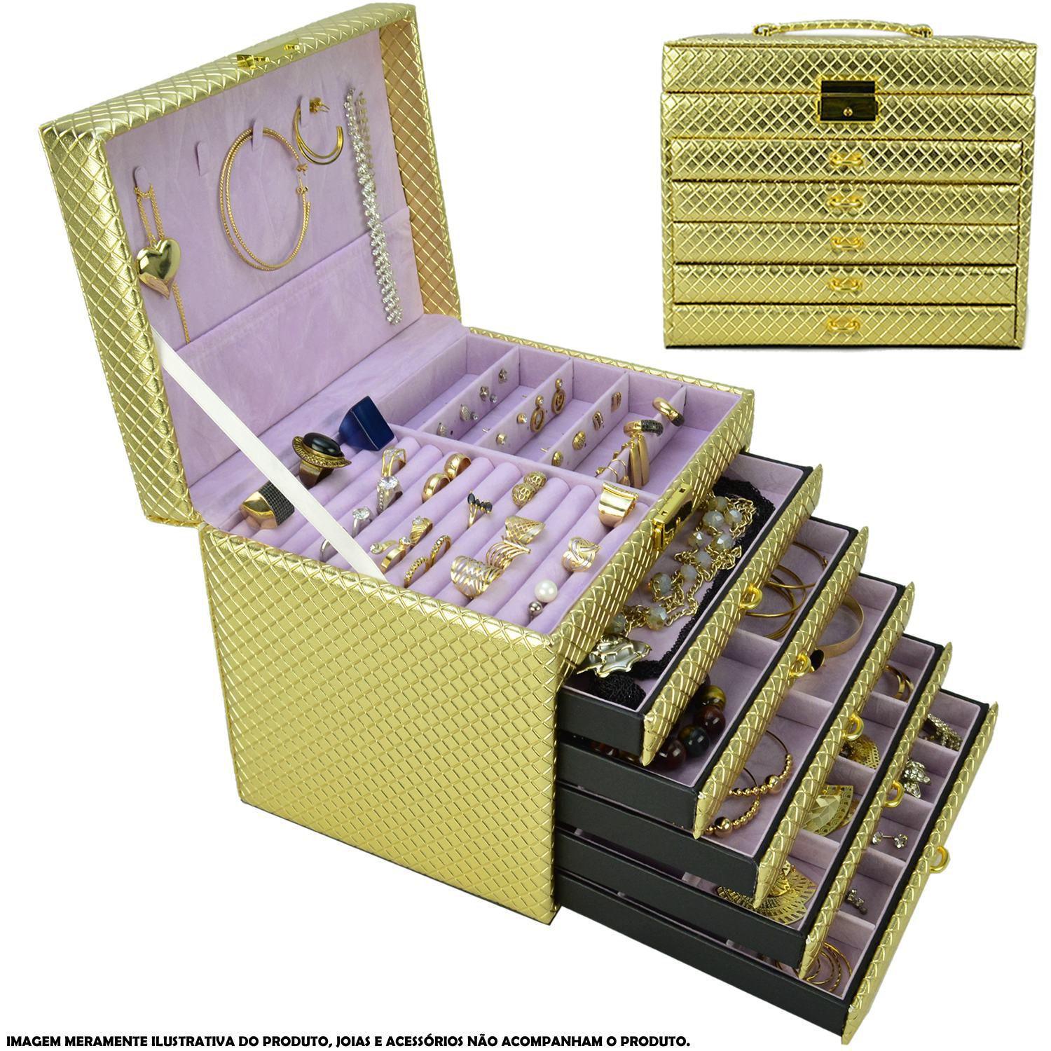 Caixa Para Joias Bijuteria 5 Gavetas Luxo Dourado CBRN10721 - COMMERCE ...