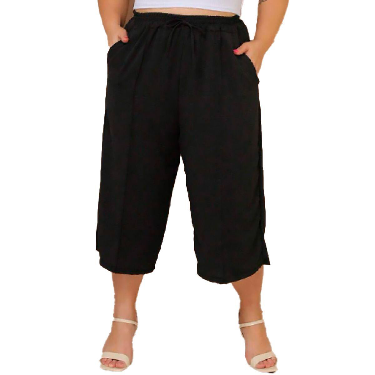 Calça Capri Feminina Pantacourt Plus Size Wide Com Bolsos - Moda_Gaspar
