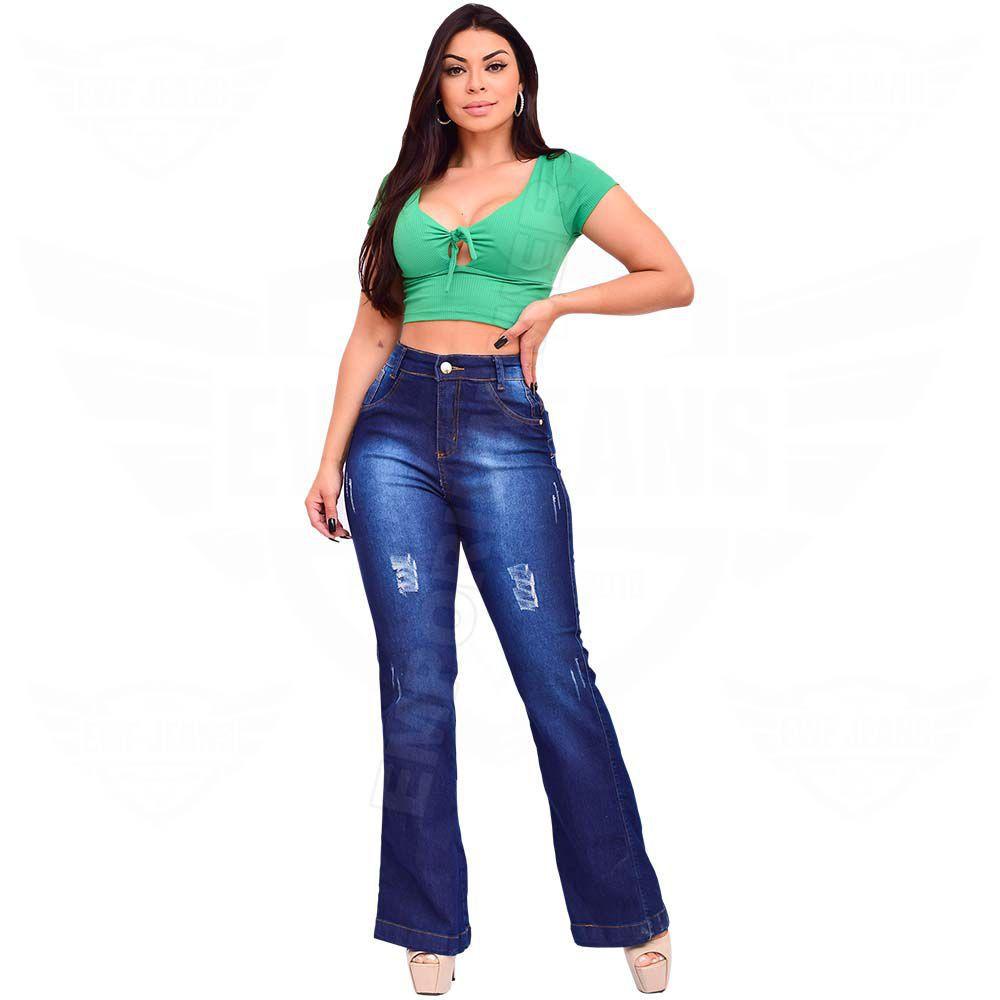 calça flare jeans azul escuro
