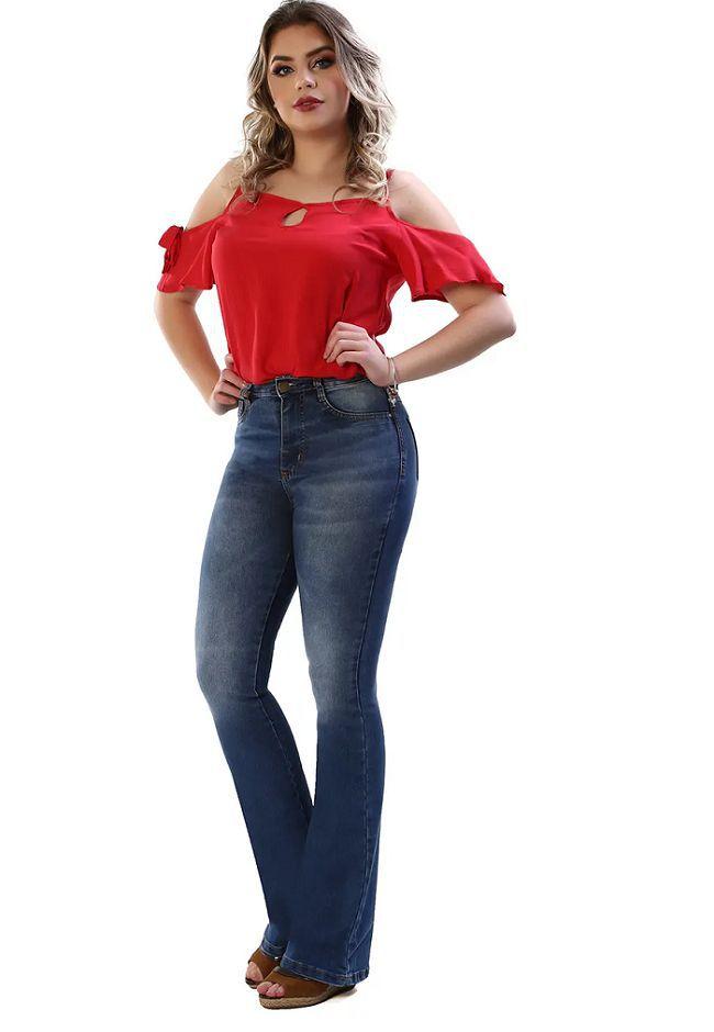 calça flare jeans cintura alta sawary