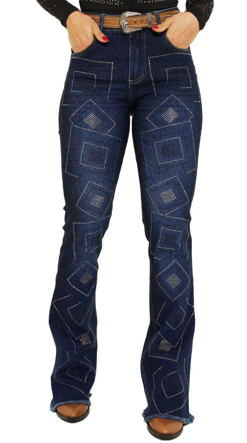 Cal a Jeans Feminina Flare Bordada Strass Barra Desfiada Country