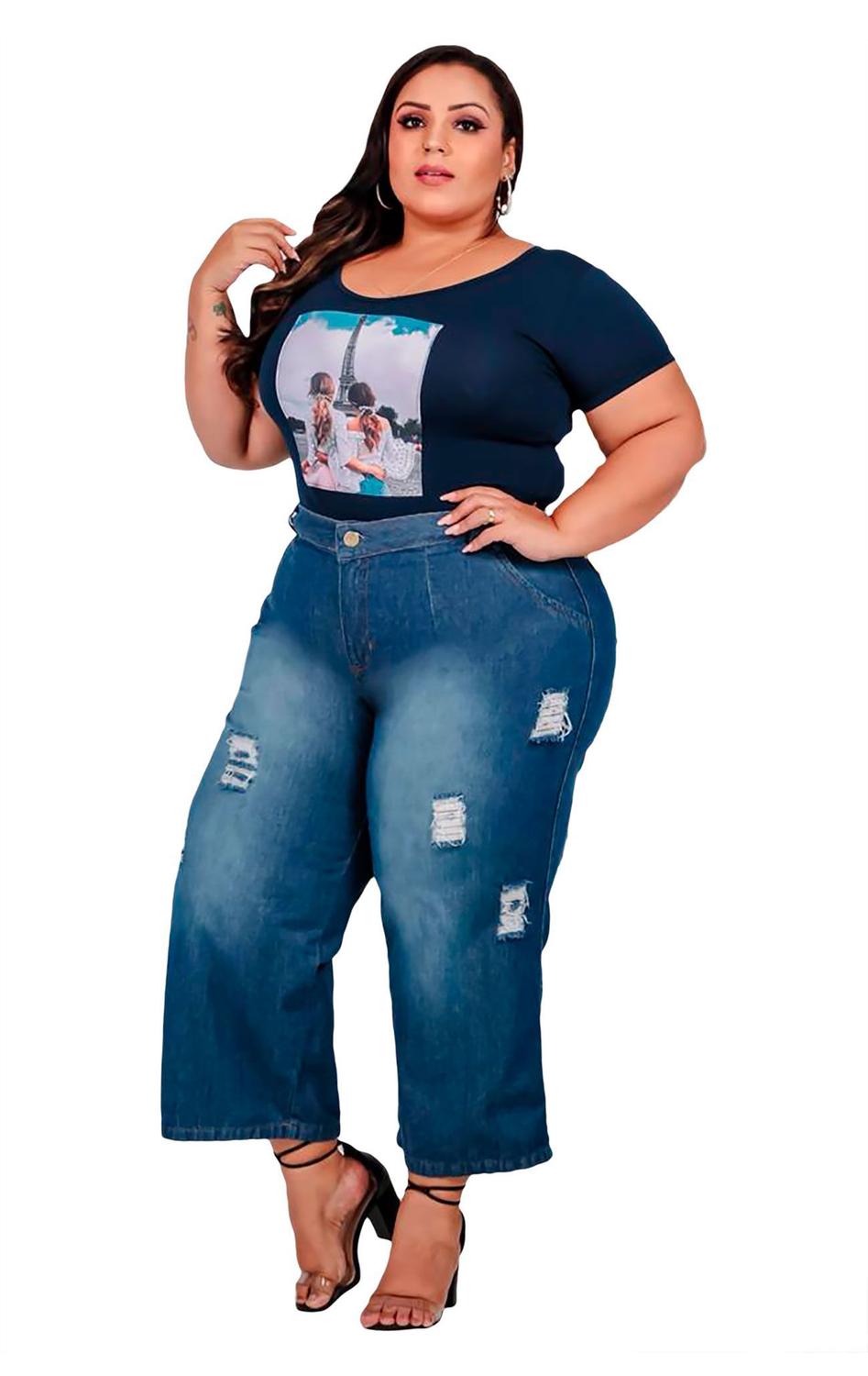 Calça Jeans Feminina Plus Size Pantacourt Destroyed Alta - EUC STORE - Calça  Jeans Feminina - Magazine Luiza