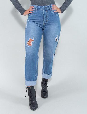 calça mom destroyed feminina