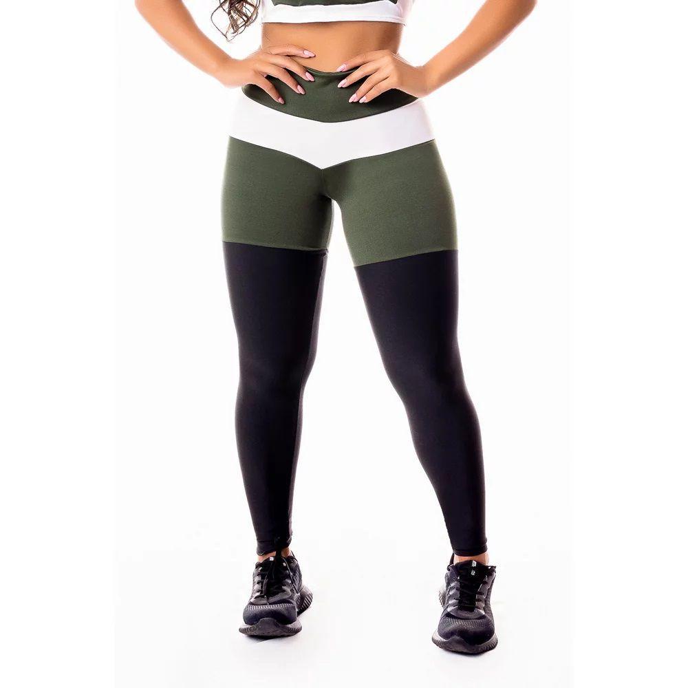 Calça Legging Feminina Fitness Academia Preta com Verde Militar e Branco Levanta  Bumbum Cintura Alta - Racy - Calça Legging - Magazine Luiza