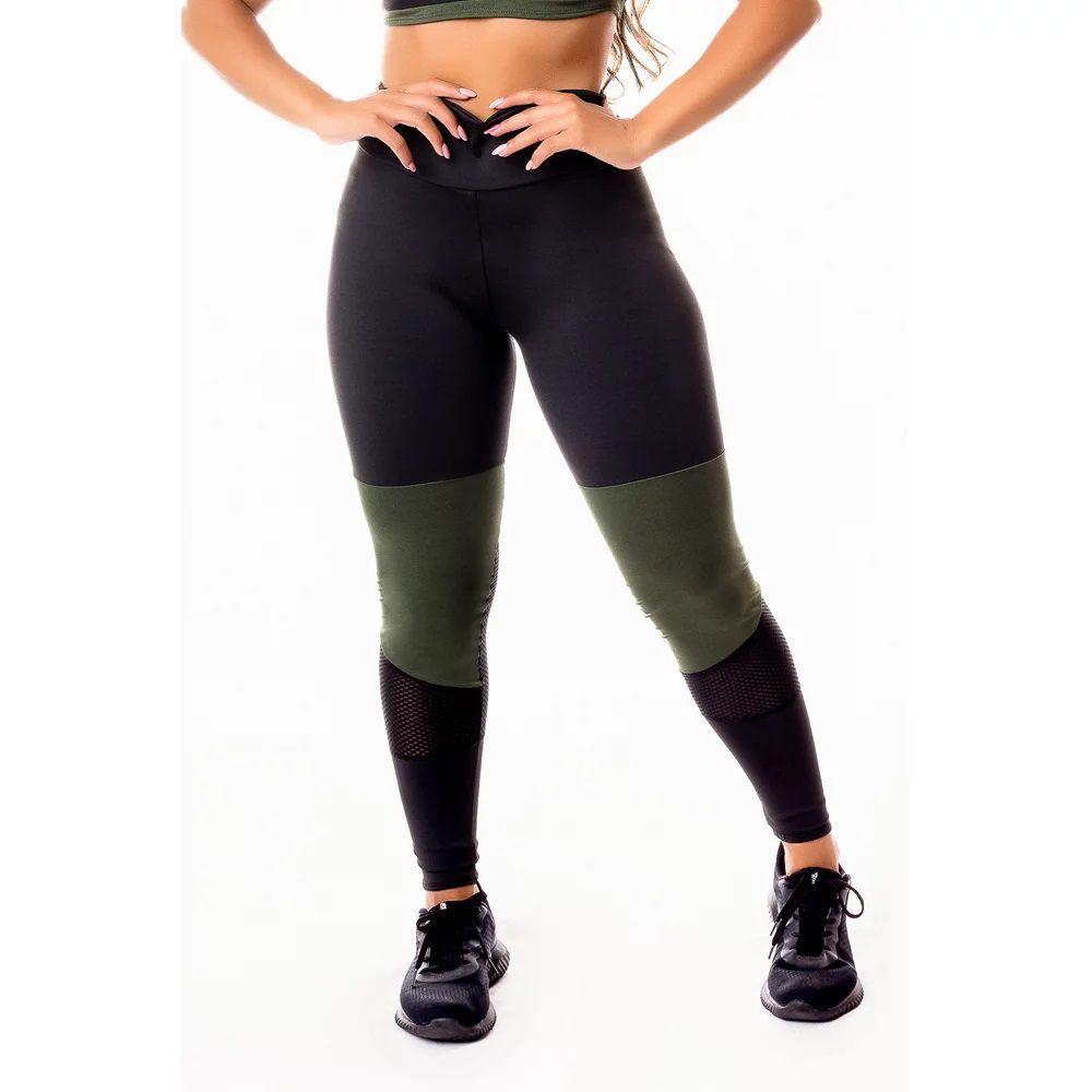 Calça Legging Feminina Fitness Academia Preta com Verde Militar e Detalhe  em Tela Dry Fit Cintura Alta - Racy - Calça Legging - Magazine Luiza