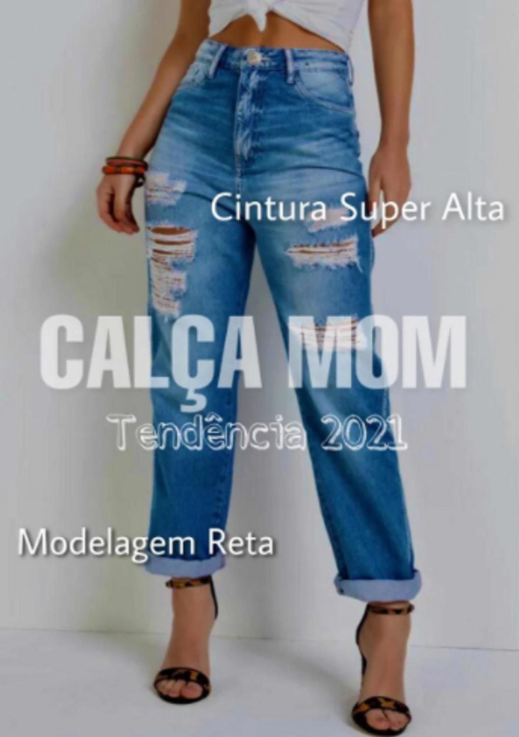 calça plus size jeans mom destroyed cintura super alta azul escuro