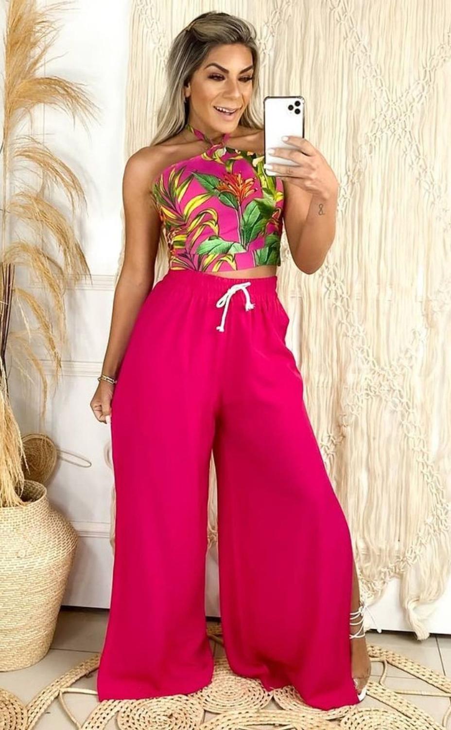 Calça Pantalona Feminina Flare com Fendas nas Laterais Cintura Alta Cor Pink  Tamanho M - Machete Moda Feminina - Calça Feminina - Magazine Luiza