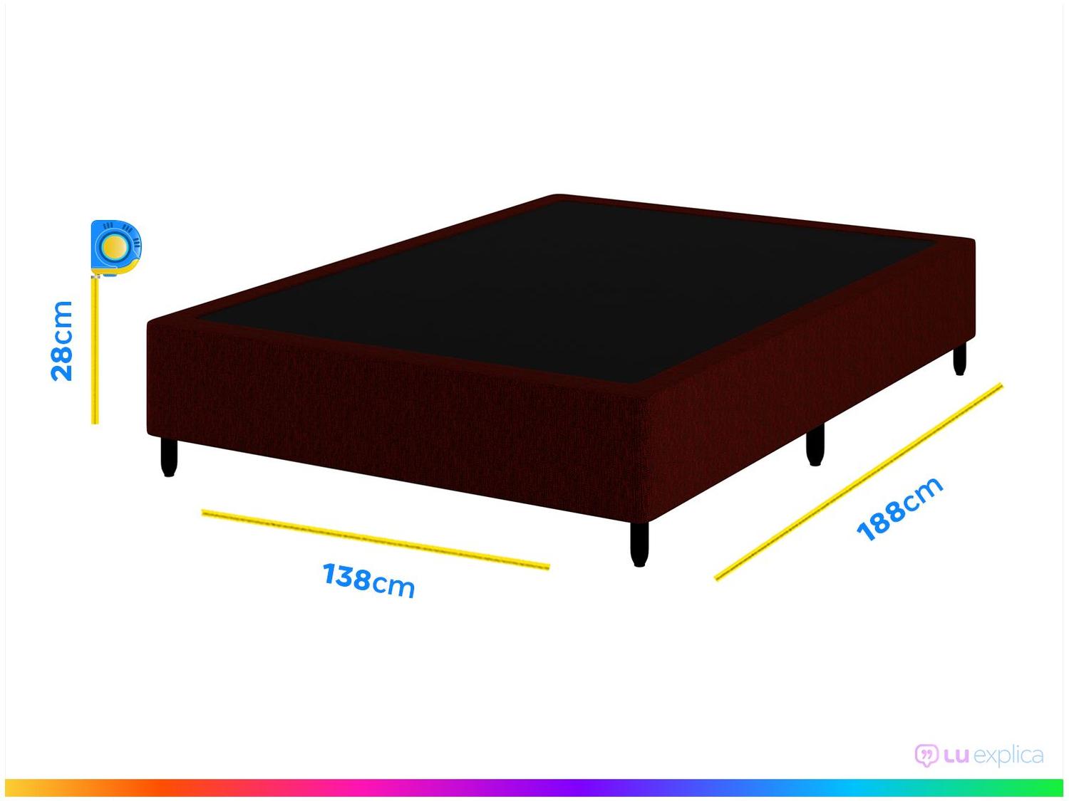 Cama box casal na cor vinho, com marcações de medidas de comprimento (188cm), largura (138cm) e altura (28cm).