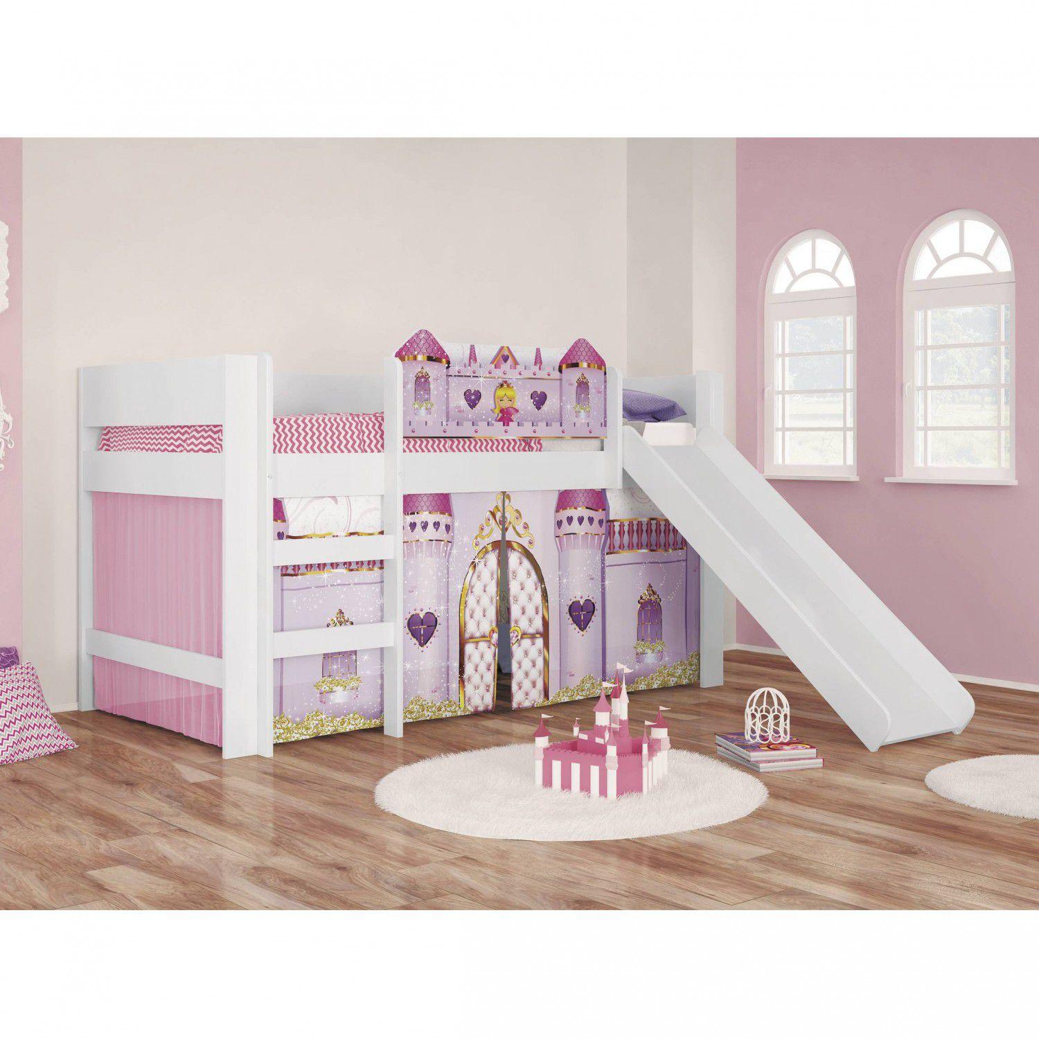 Cama Infantil Alta com Escorregador Castelo Play Pura Magia Branco/Rosa ...