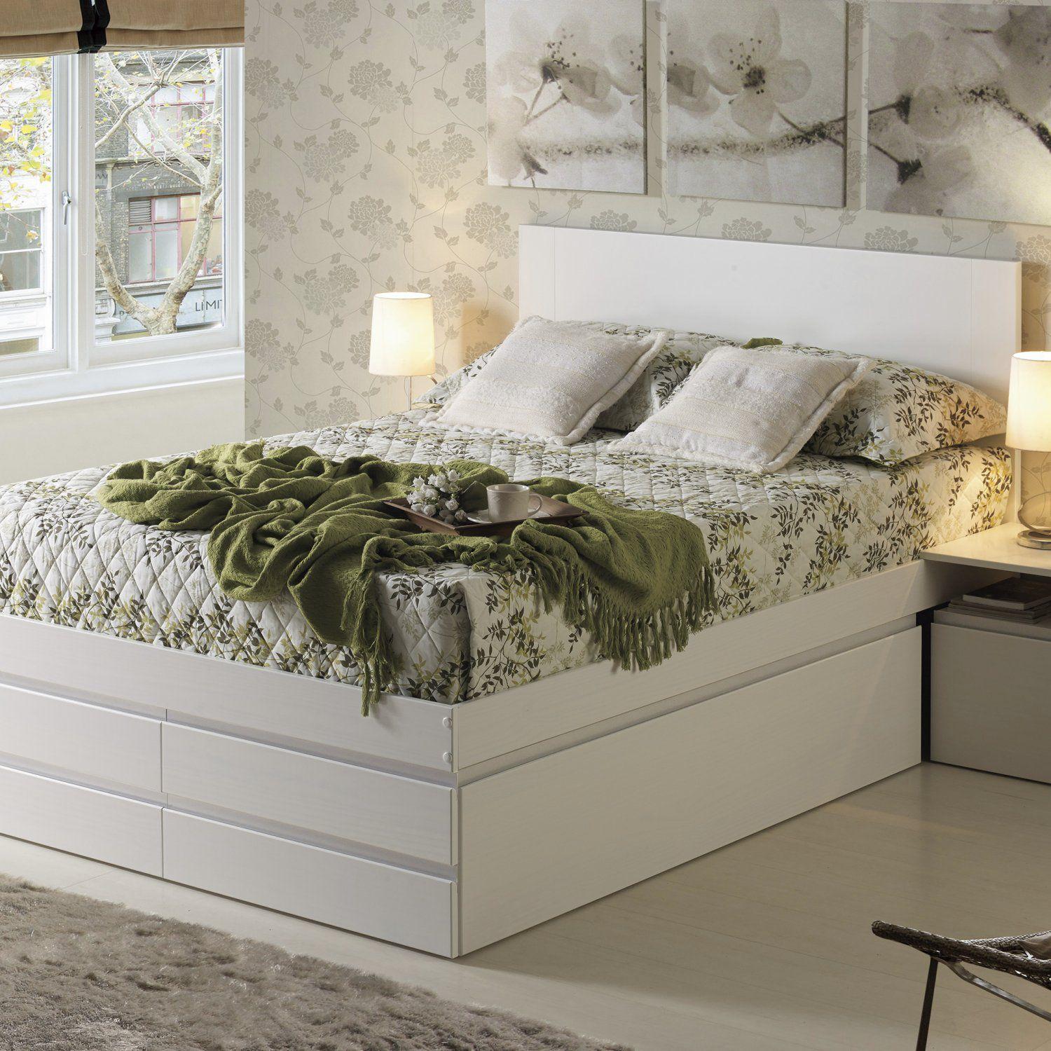 Cama Queen 2 Mesas de Cabeceira e 6 Gavetas Madeira Maciça Confort Inter Link Branco Lavado Cama Queen 2 Mesas de Cabeceira e 6 Gavetas Madeira Maciça Confort Inter Link Branco Lavado