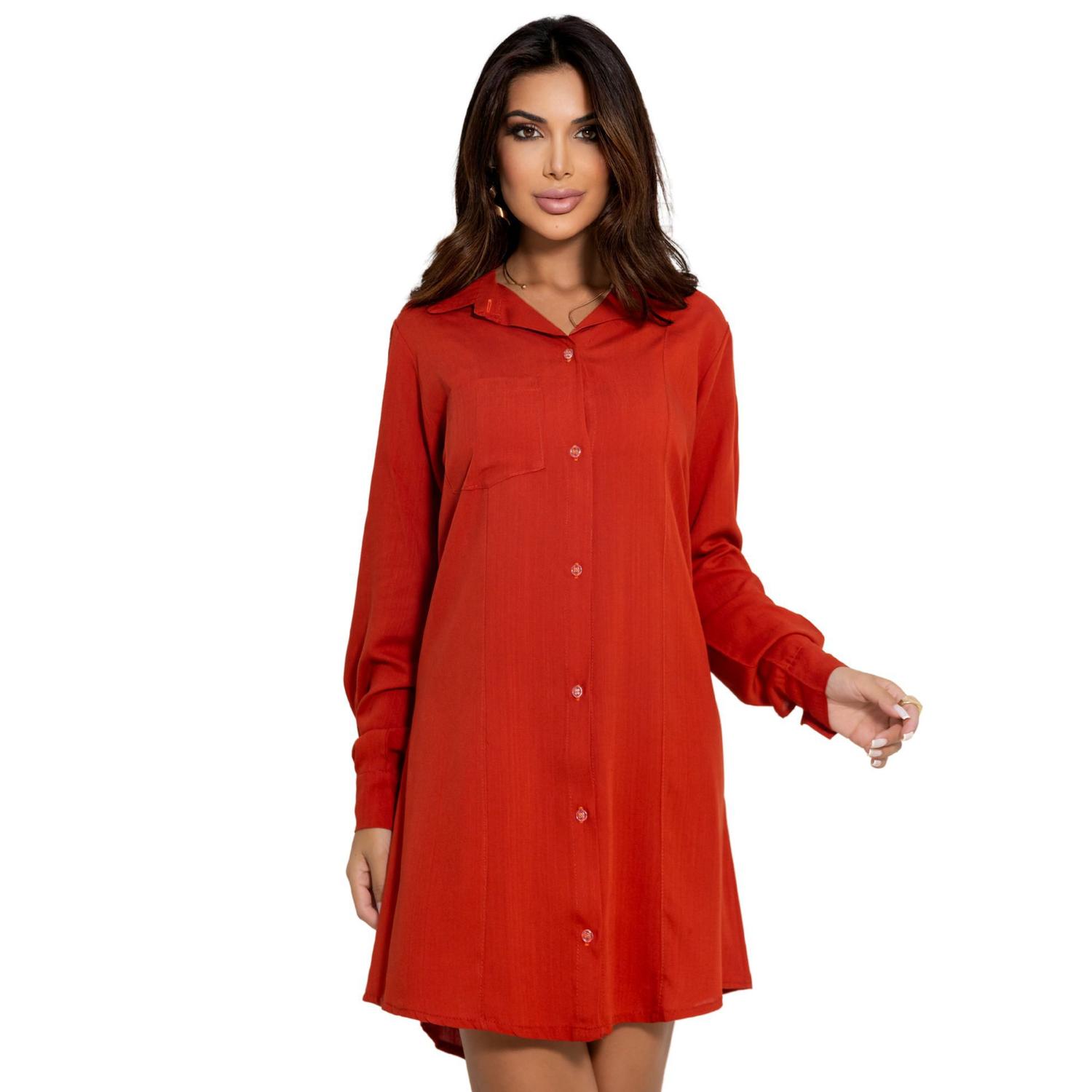 Camisa Chemise Feminina Camisão Manga Longa Com Botões Vestido