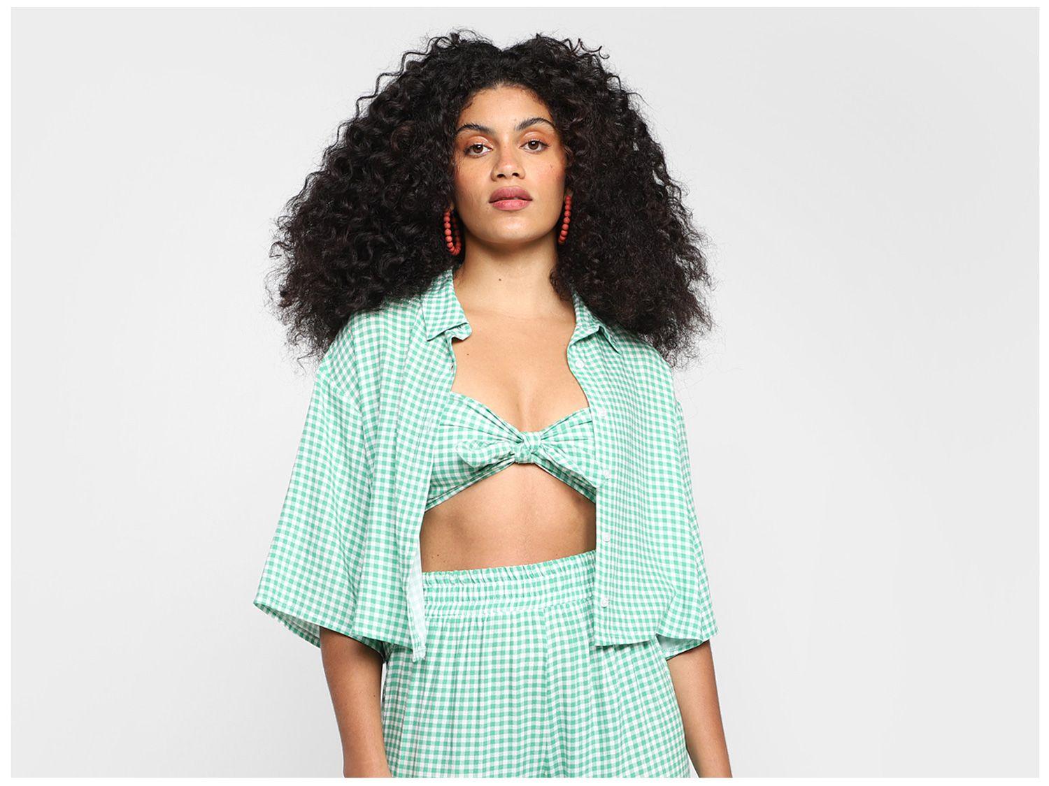 Camisa Cropped Vista Magalu Xadrez Manga Fluida