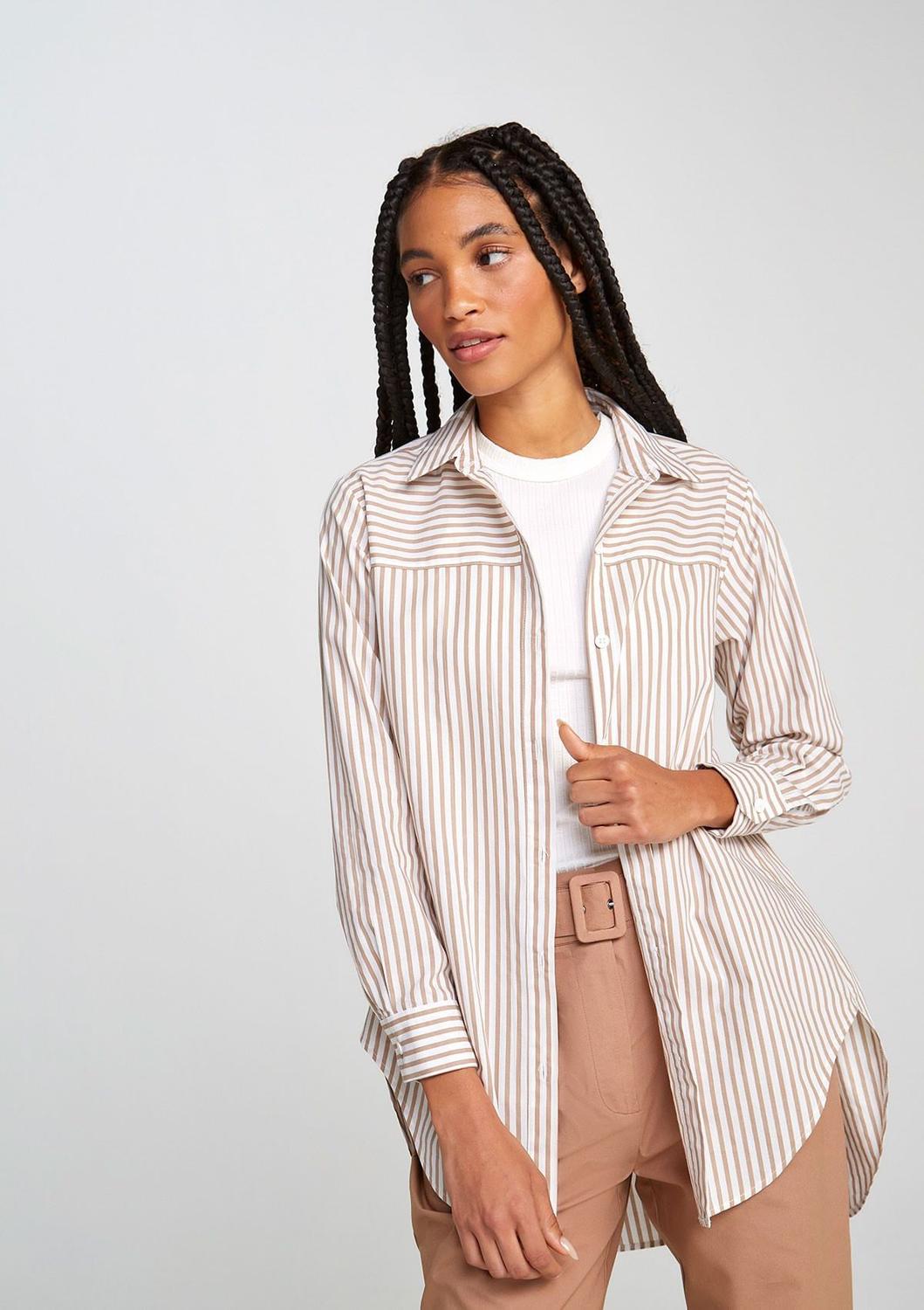 Roupa Feminina Listrada Camisa Feminina Listrada Amarelo SIMONE