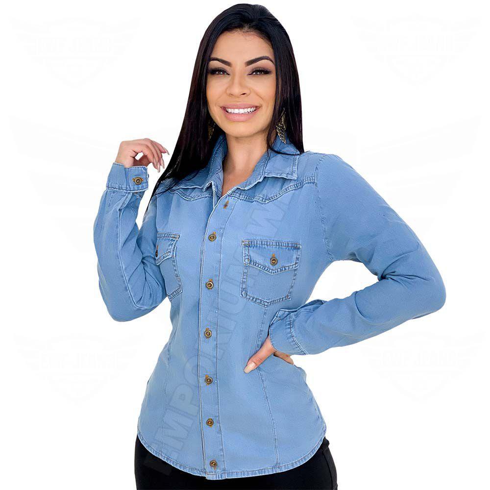 Camisa jeans slim feminina Clearance