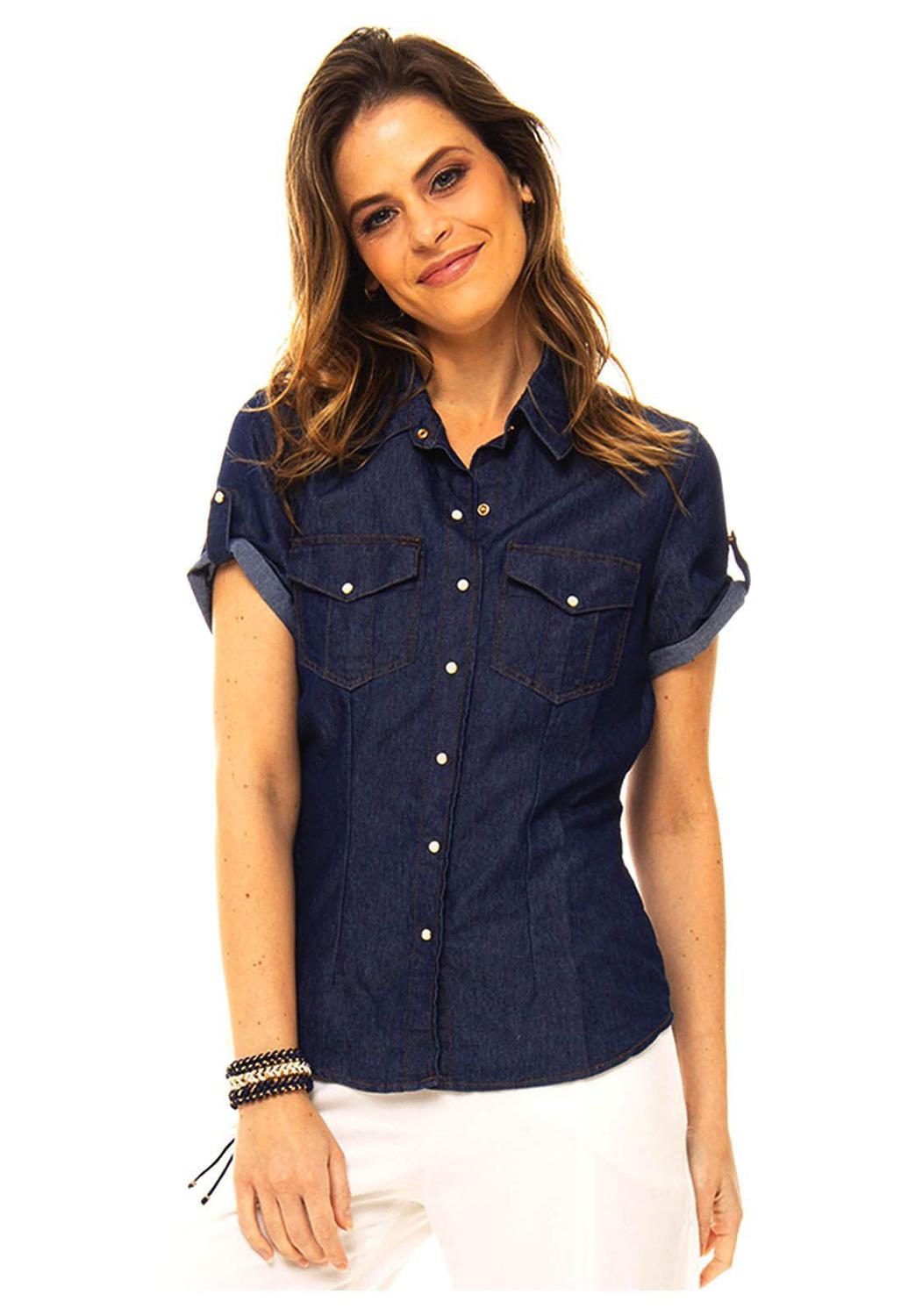 camisa manga curta jeans feminina