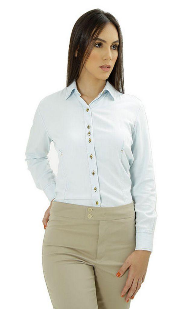 camisa social feminina azul claro
