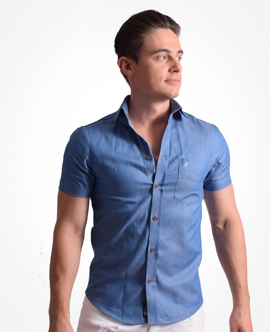 short jeans e camisa social masculino