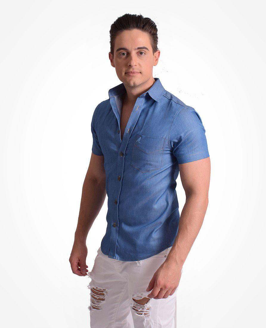 Camisa Social Manga Curta Masculina Jeans Slim - Levok - Camisas