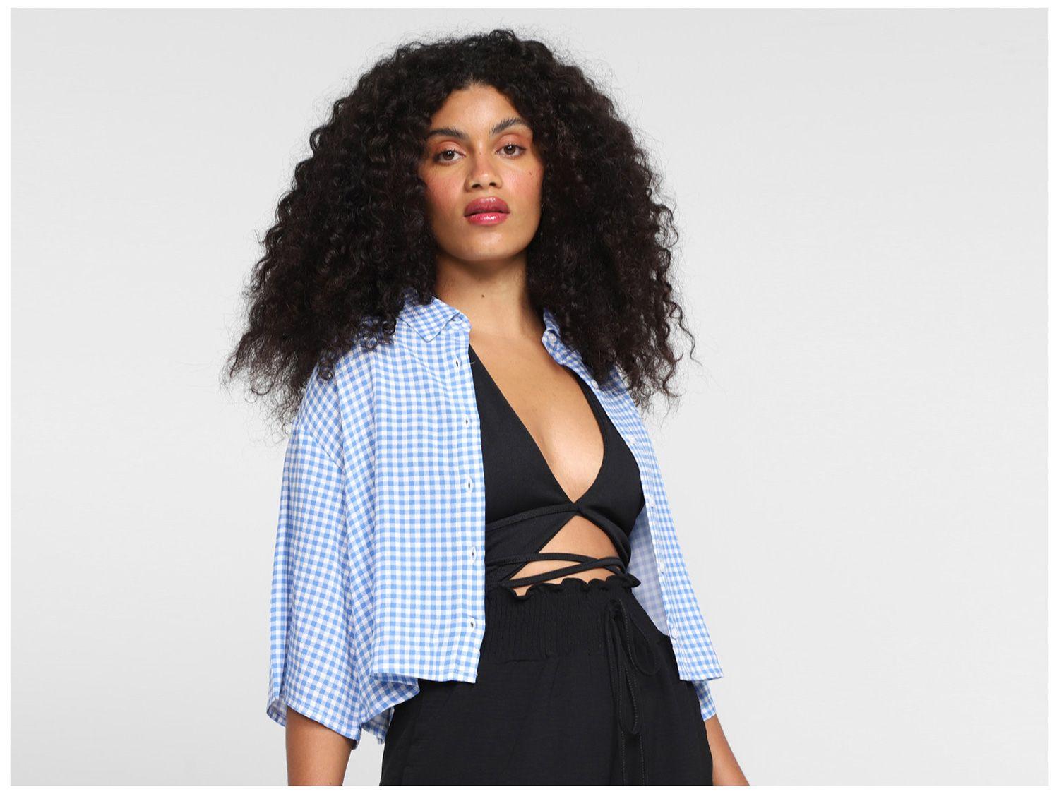 Camisa Vista Magalu Cropped Xadrez Manga 3/4
