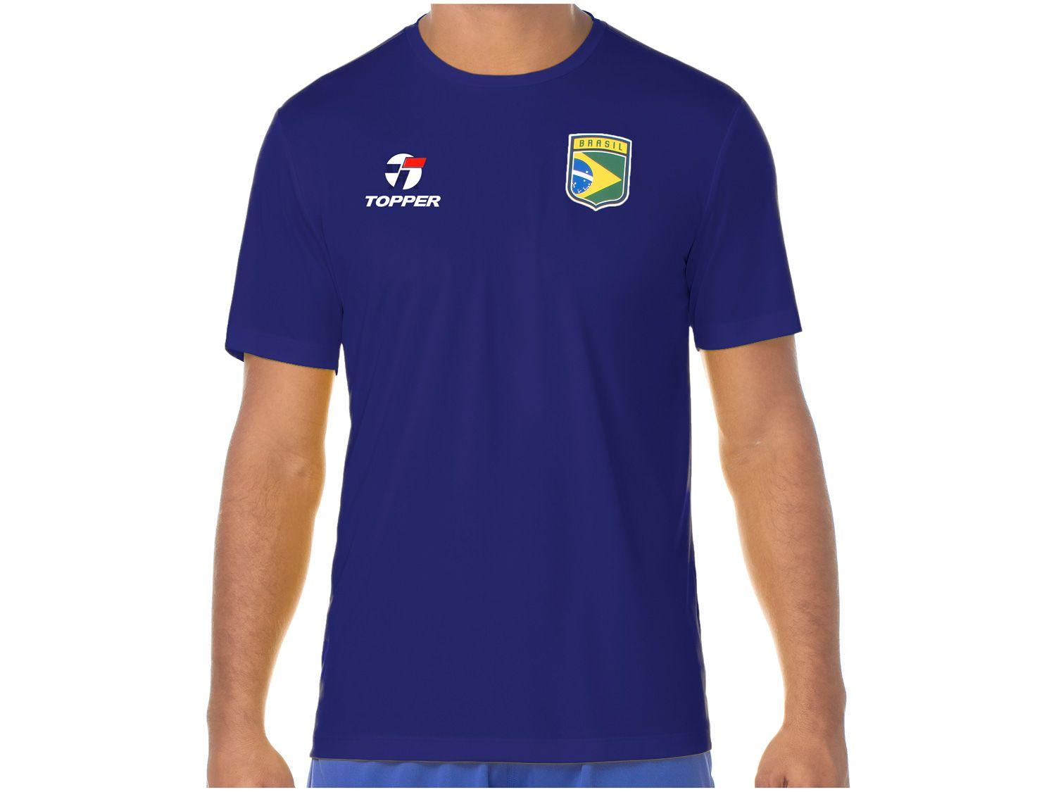 Camiseta Gola Alta de Futebol Topper Brasil Combate II Masculina Manga Curta Azul