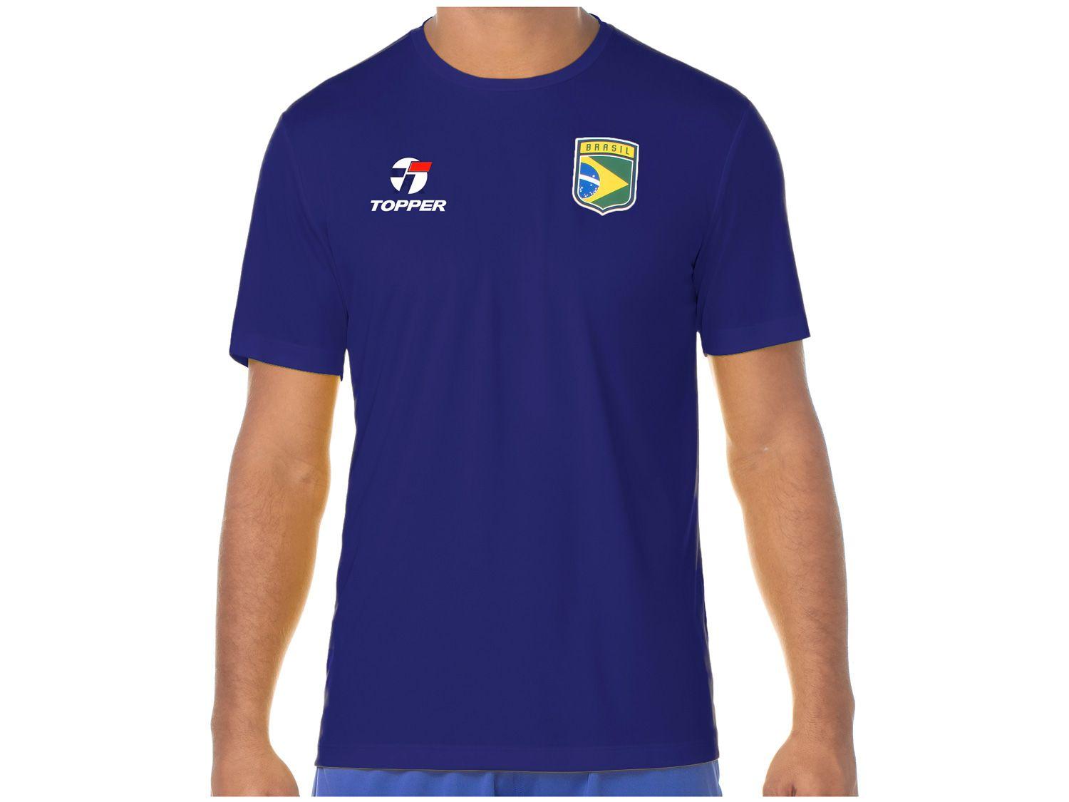 Camiseta Gola Alta de Futebol Topper Brasil Combate II Masculina Manga Curta Azul