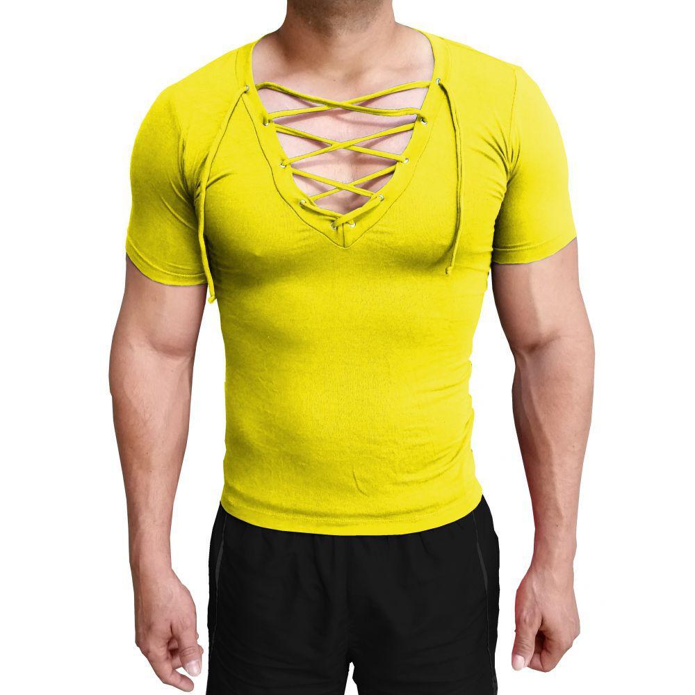 camiseta gola v com cordão