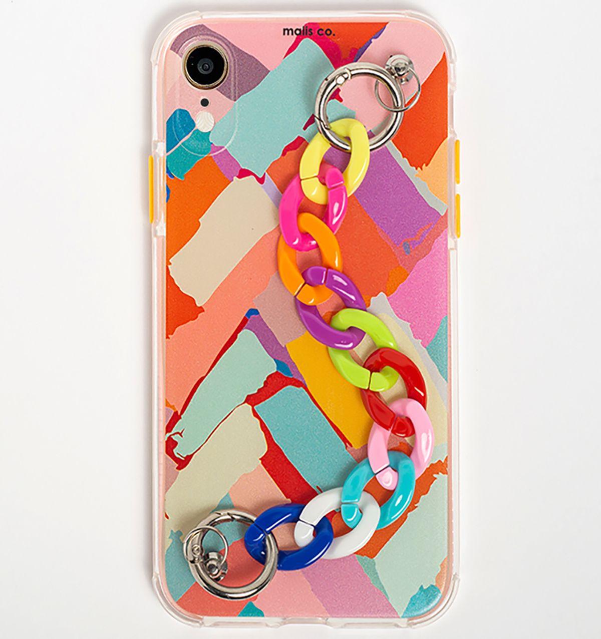 Imagem de Capa Capinha iPhone XR Colorida Grafitte Arco Iris Abstrato Alça Cordão Feminina Anti Impacto Queda Proteção de Camera