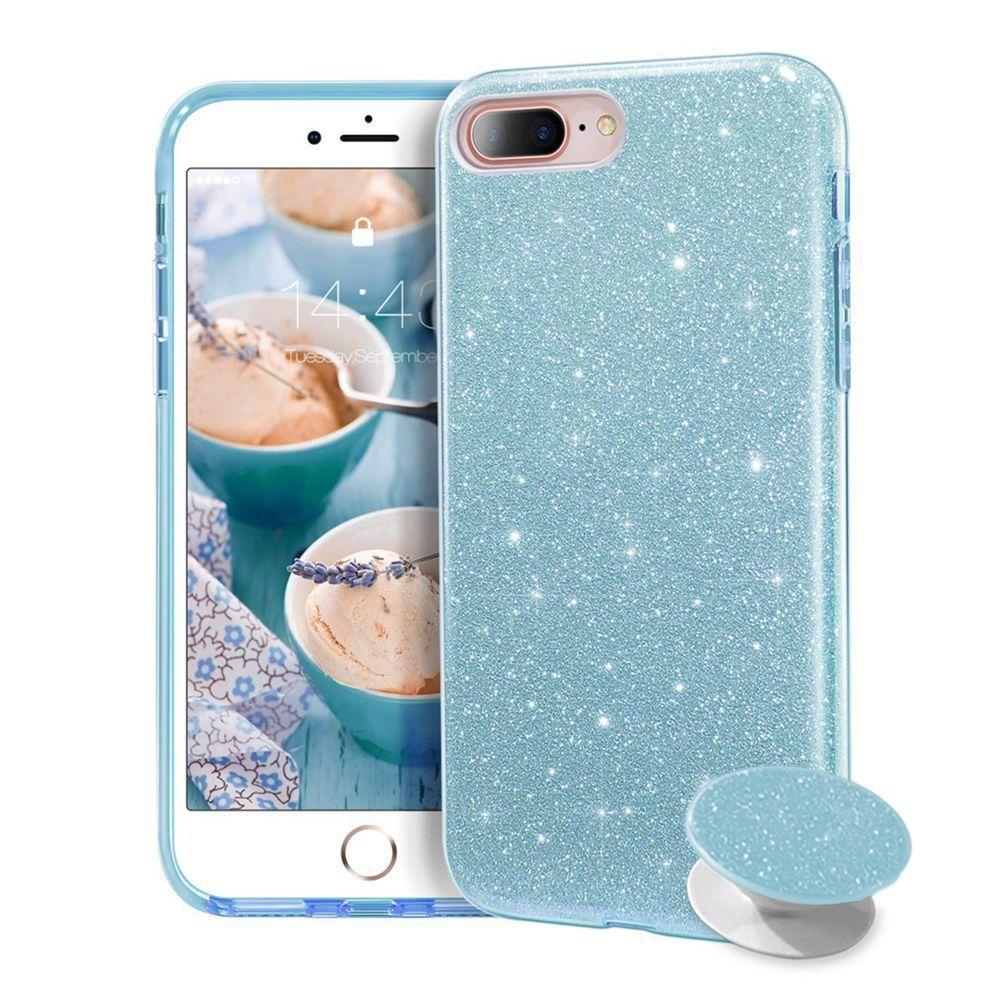 Capa iphone 8 plus glitter 3x1 azul pop socket glitter